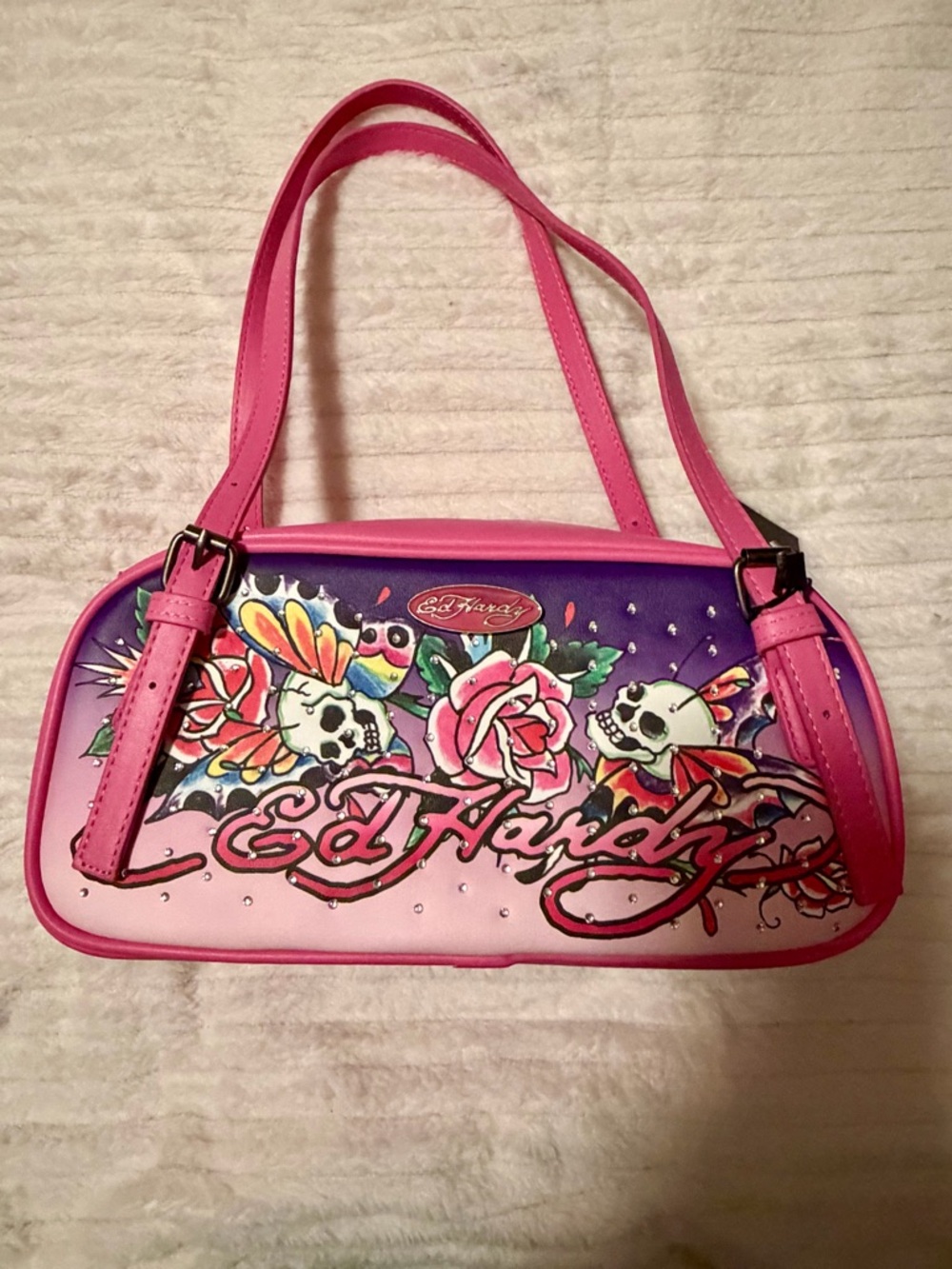 Ed Hardy Pink and Purple Tattoo-Print Shoulder Bag
